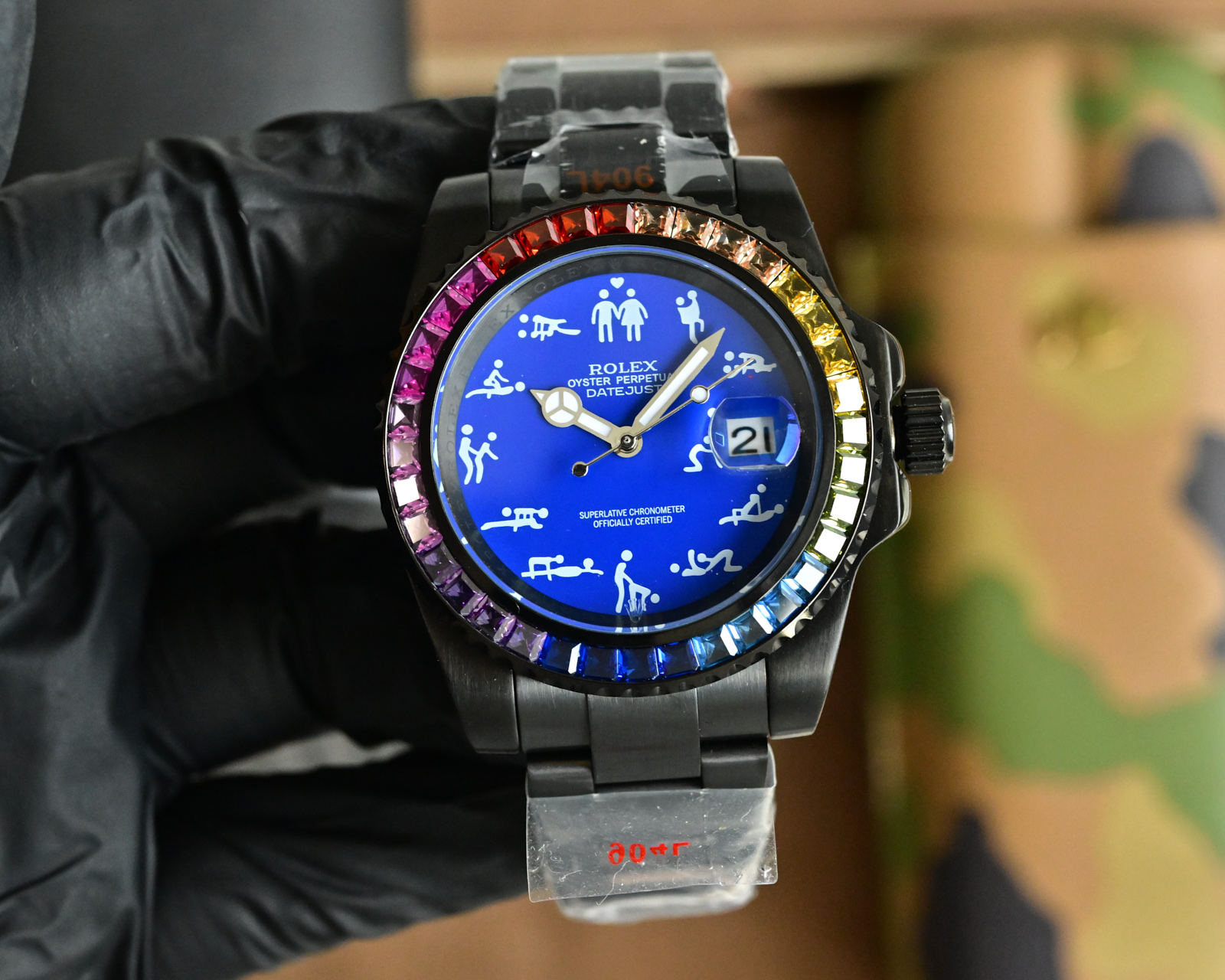 Rolex Datejust black case, rainbow gemstone bezel, turquoise dial, black bracelet 36mm Unisex Automatic