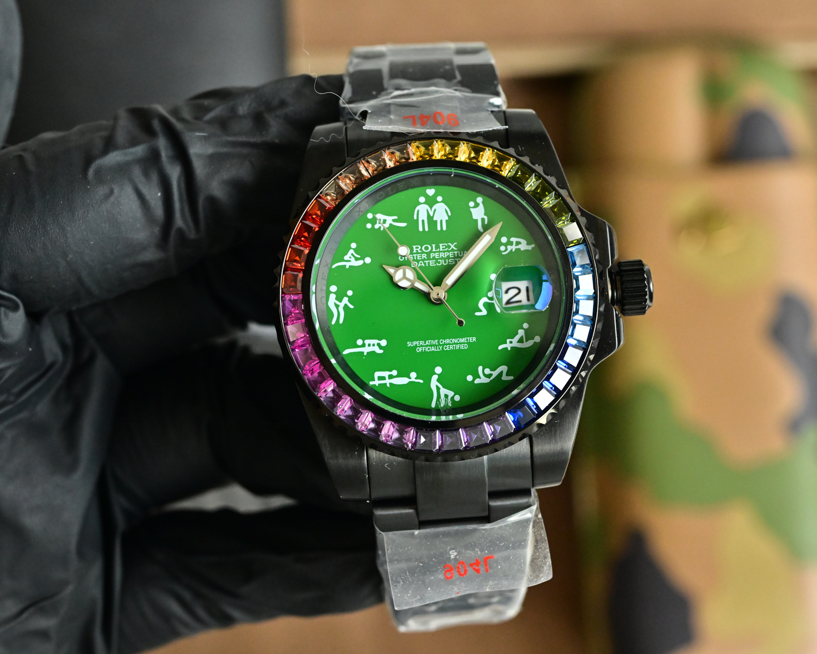 Rolex Datejust black case, rainbow gemstone bezel, turquoise dial, black bracelet 36mm Unisex Automatic