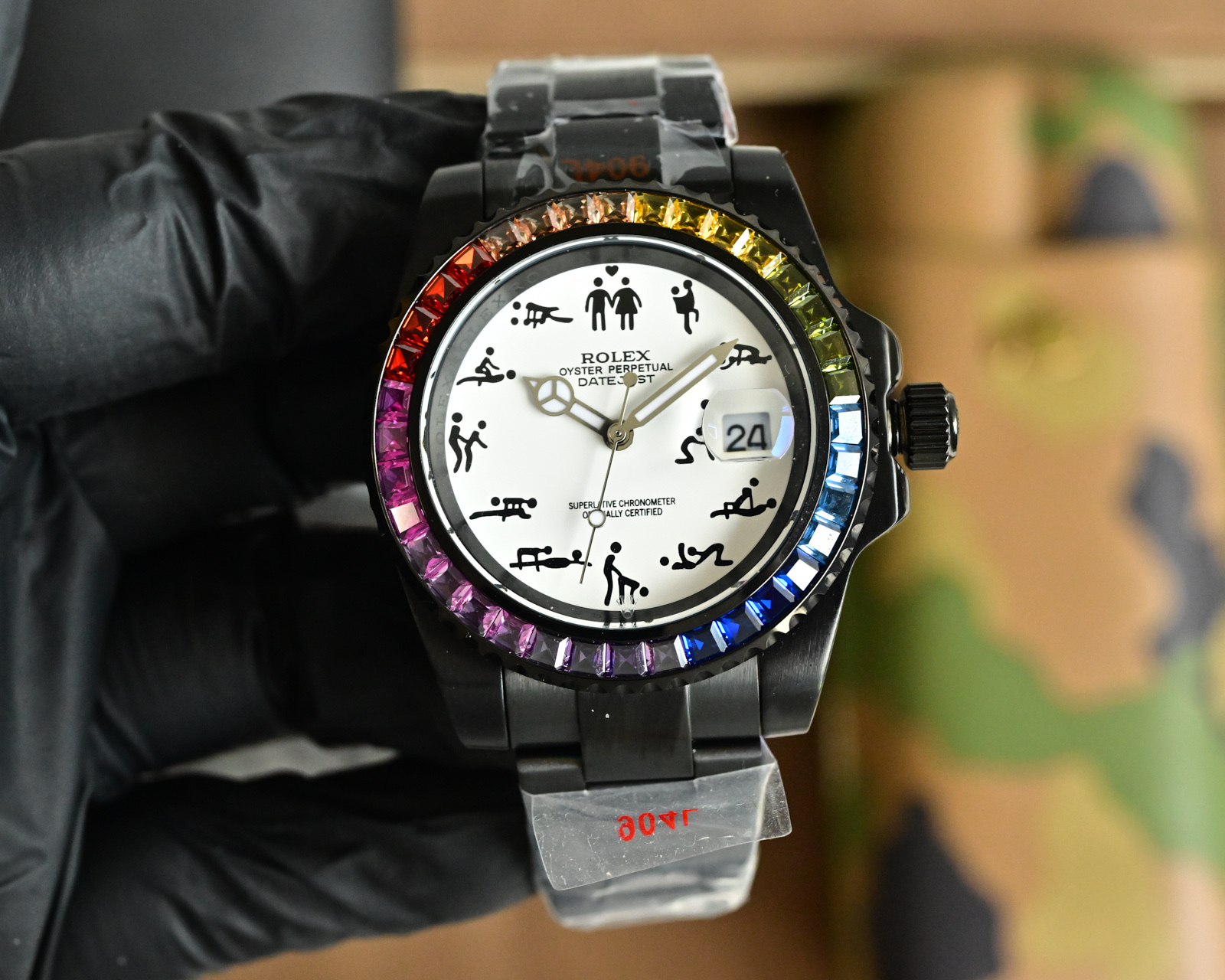 Rolex Datejust black case, rainbow gemstone bezel, turquoise dial, black bracelet 36mm Unisex Automatic