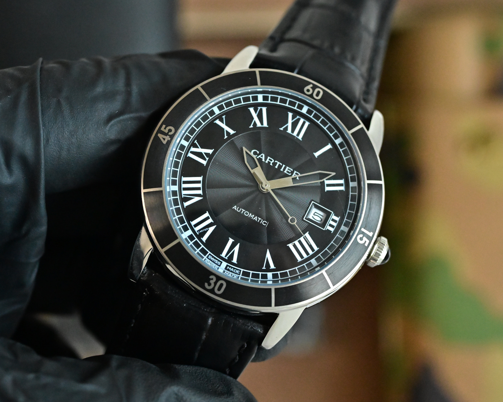 Cartier Ronde Croisiere de Cartier steel case, black bezel, black dial, black leather strap 42mm Men's Automatic