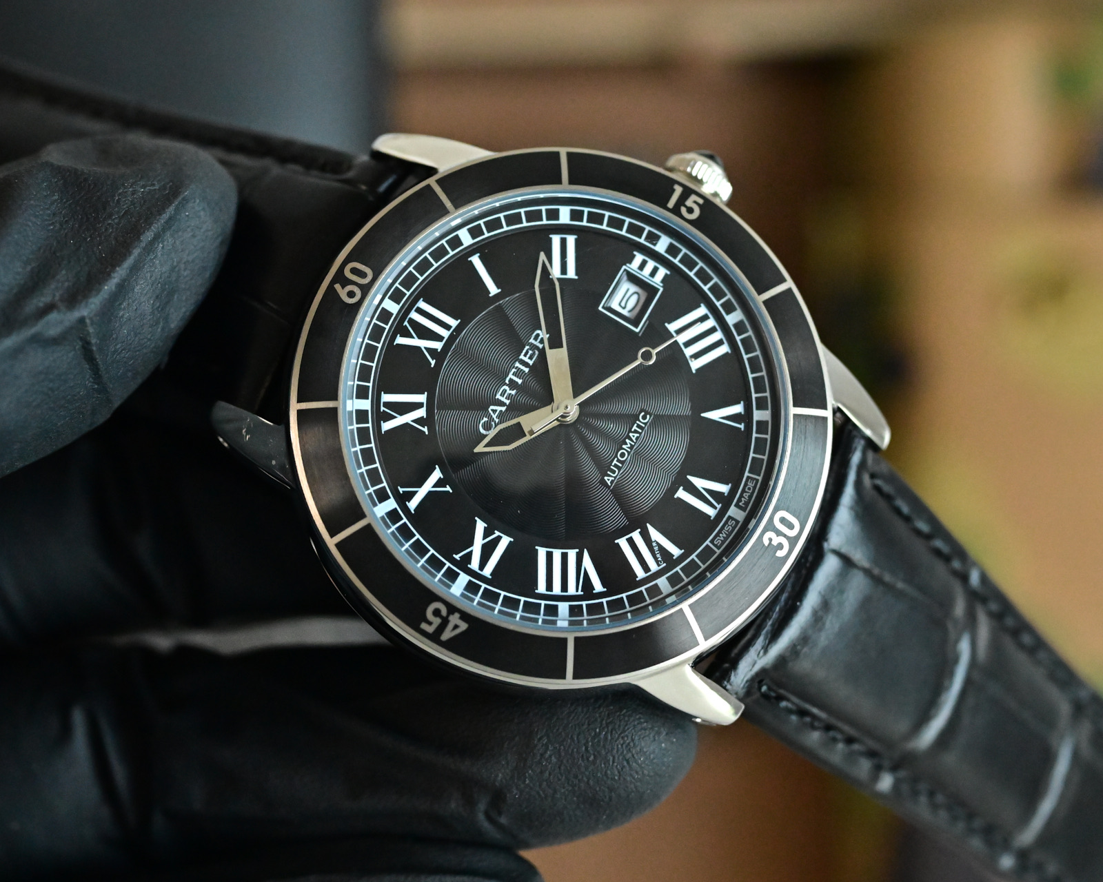 Cartier Ronde Croisiere de Cartier steel case, black bezel, black dial, black leather strap 42mm Men's Automatic