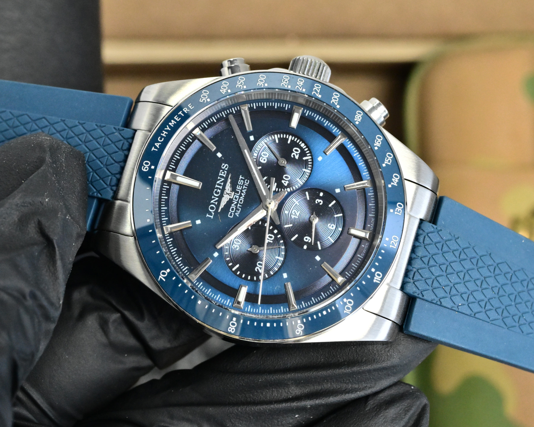 Longines Conquest Chronograph stainless steel case, blue bezel, blue dial, blue rubber strap 42mm Men's Automatic
