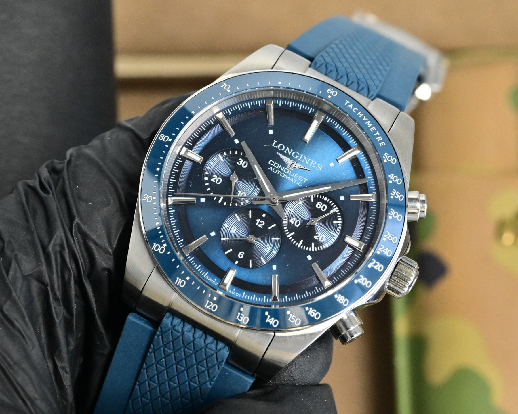 Longines Conquest Chronograph stainless steel case, blue bezel, blue dial, blue rubber strap 42mm Men's Automatic