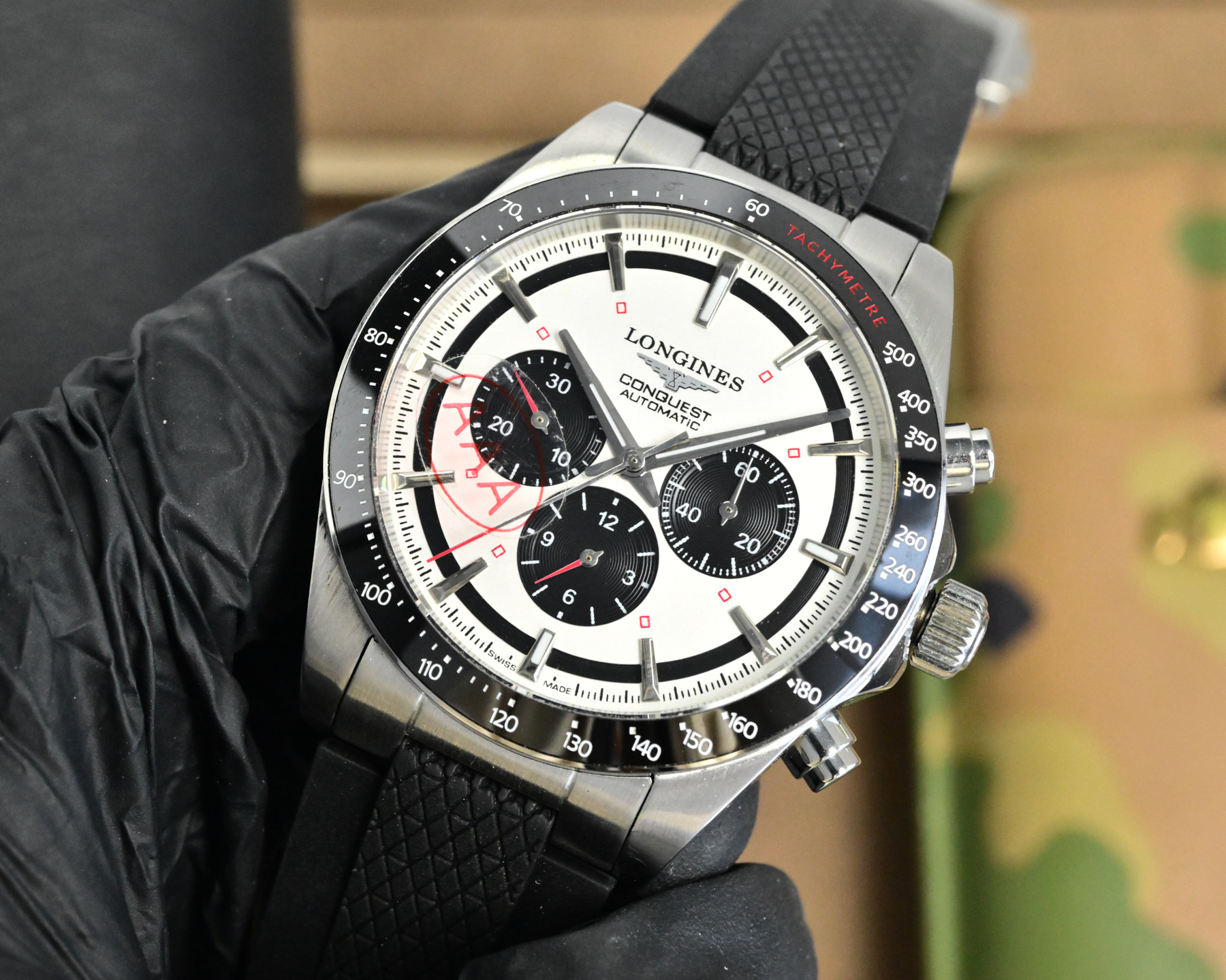 Longines Conquest Chronograph Automatic silver case, black bezel, white dial, black rubber strap 41mm Men's Automatic