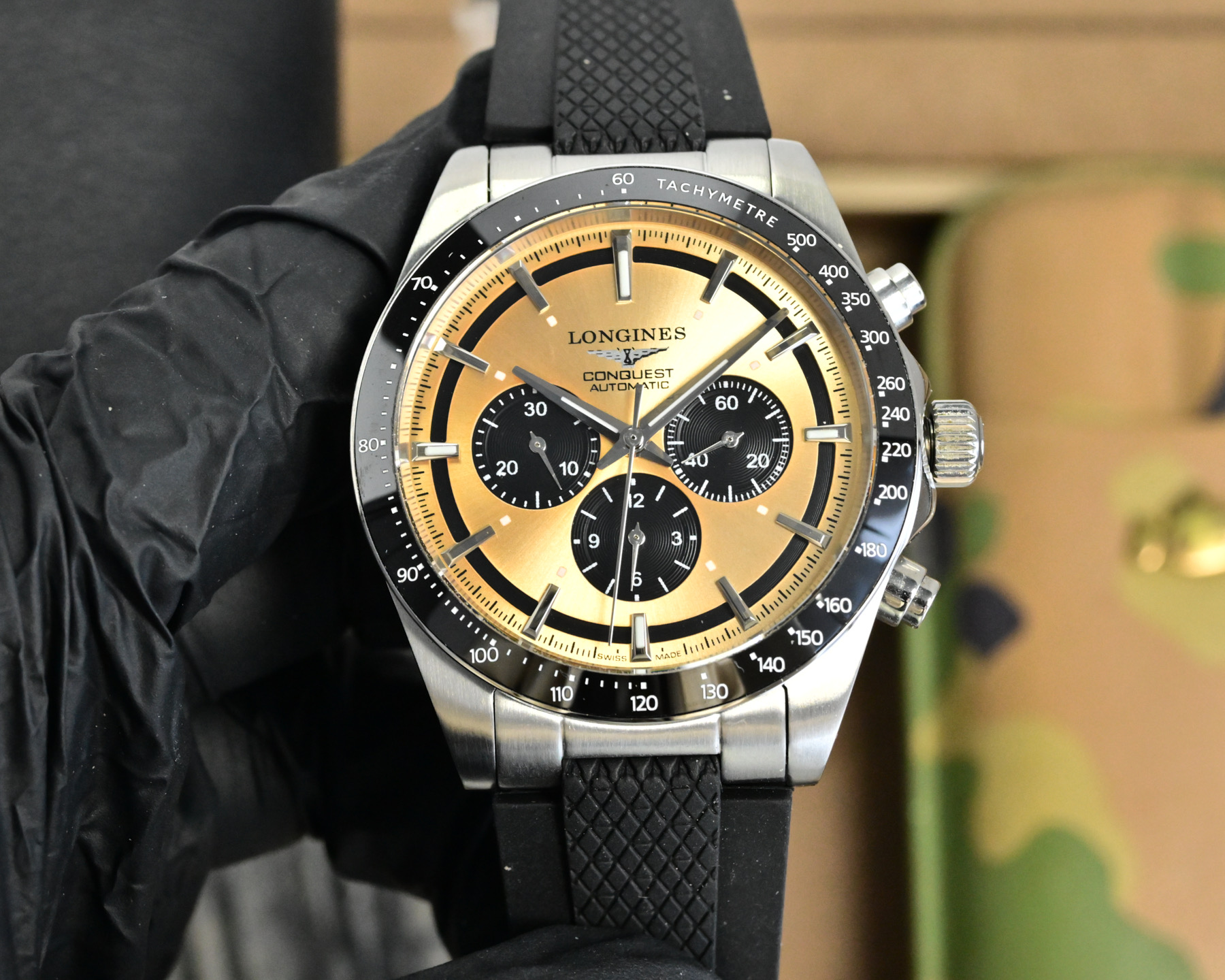 Longines Conquest Chronograph stainless steel case, black bezel, white dial, black rubber strap 41mm Men's Automatic
