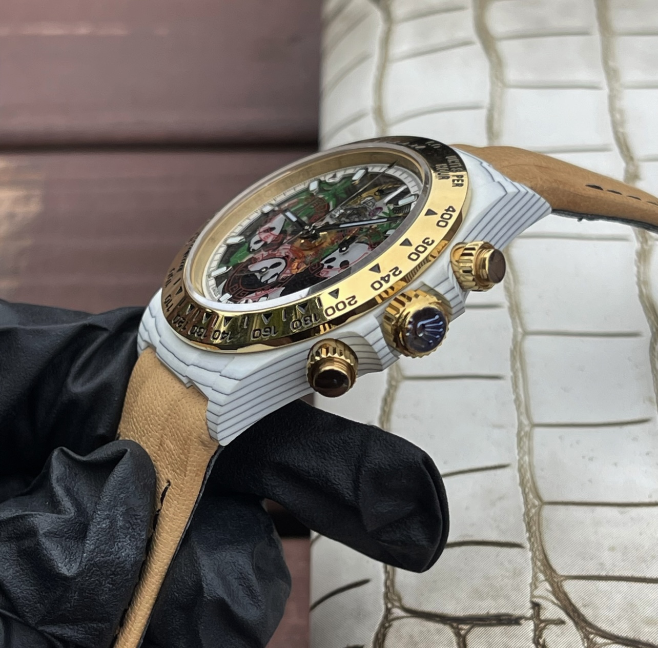 Rolex Daytona gold two-tone case, gold bezel, multicolor dial, tan strap 40mm Men's Automatic