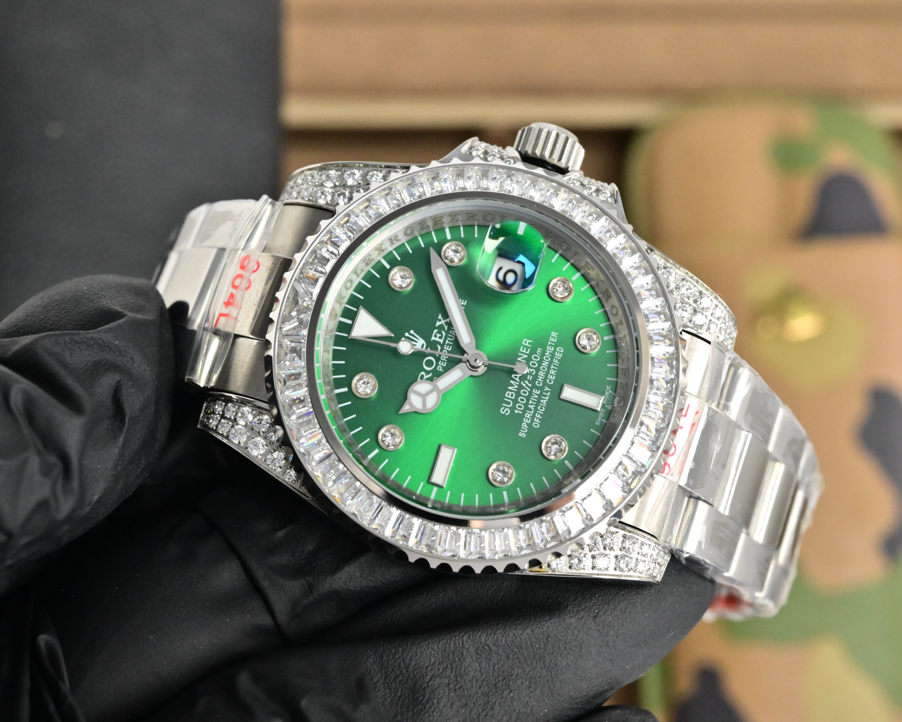 Rolex Submariner Date silver diamond-set case and bezel, green dial, silver bracelet 40mm Men's Automatic