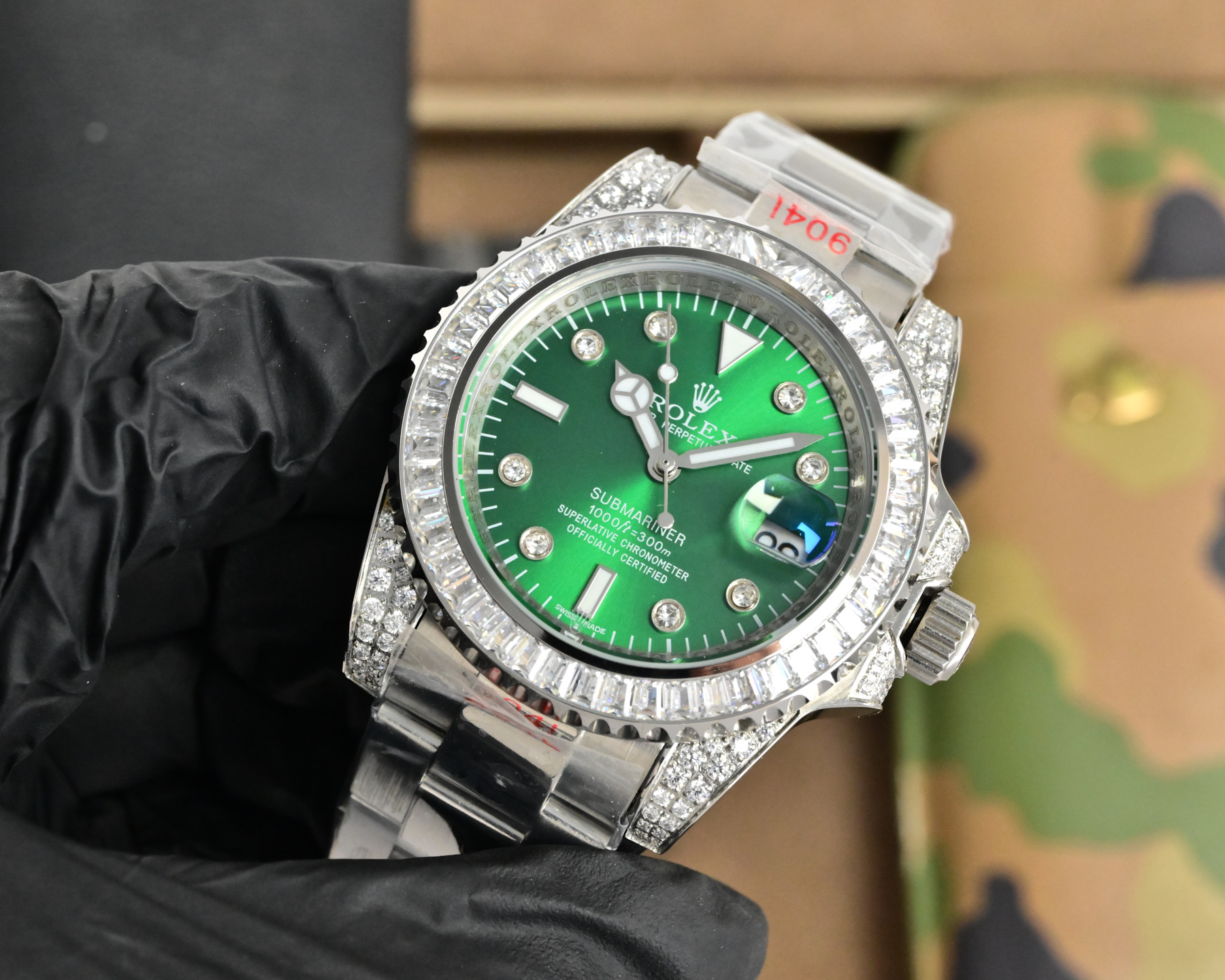 Rolex Submariner Date silver diamond-set case and bezel, green dial, silver bracelet 40mm Men's Automatic