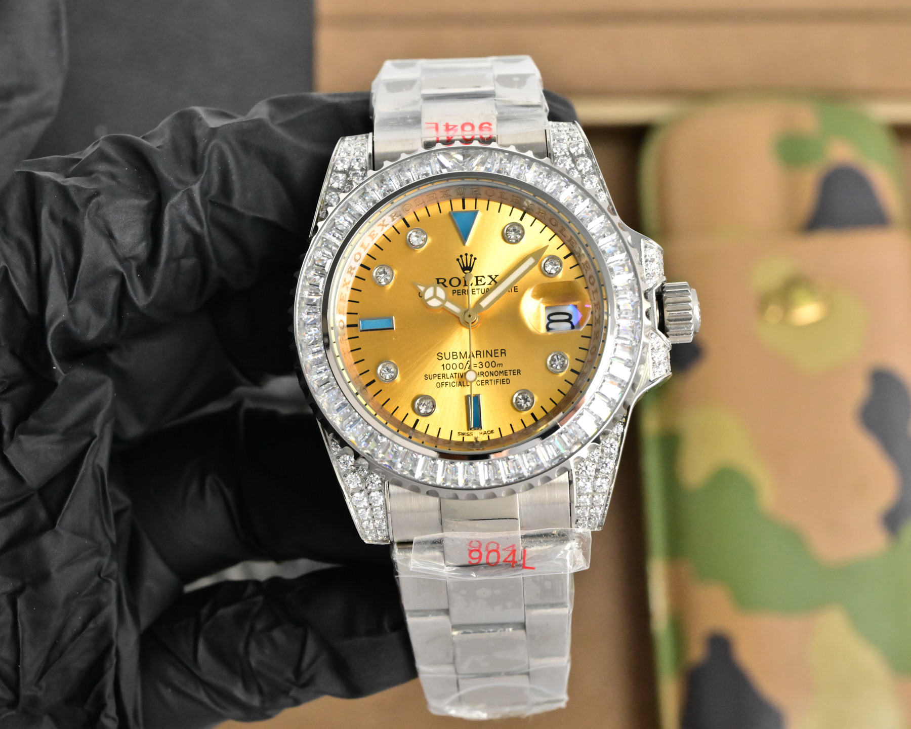 Rolex Submariner Date silver case and bracelet, diamond-set bezel, green dial 40mm Men's Automatic