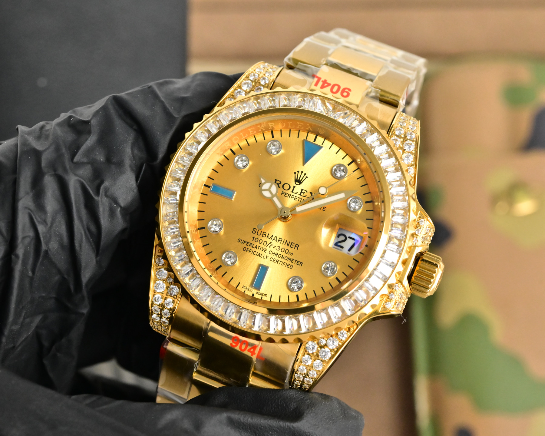 Rolex Submariner gold case and bracelet, diamond bezel, champagne dial 40mm Men's Automatic