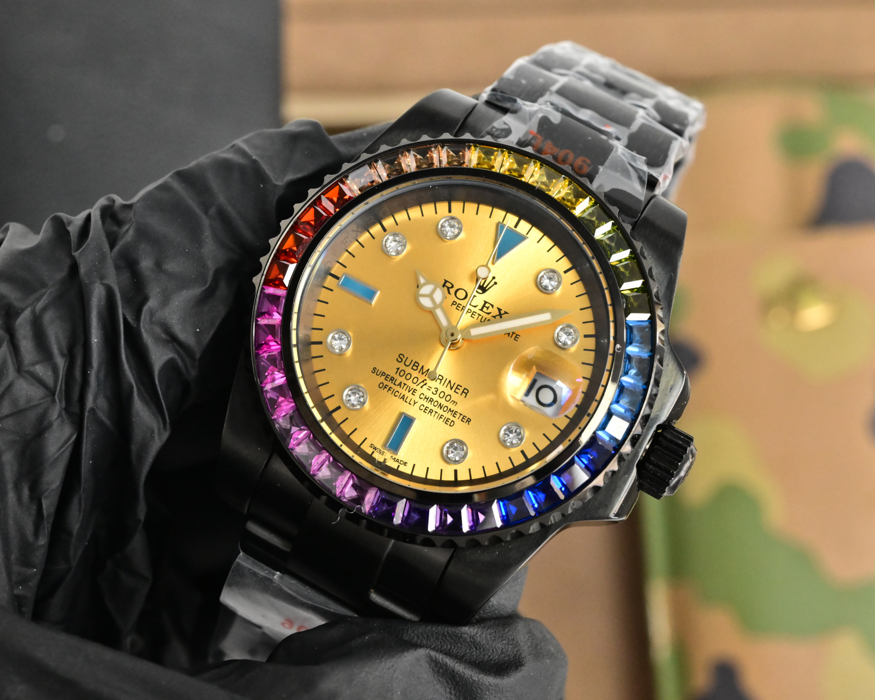 Rolex Submariner black case and strap, rainbow gemstone bezel, gold dial 40mm Men's Automatic
