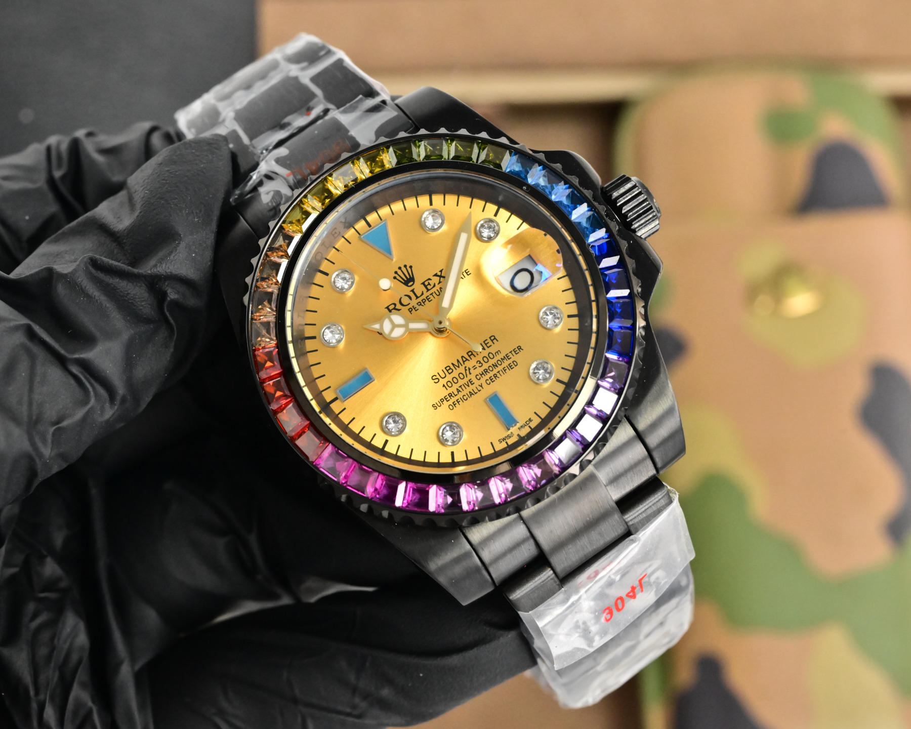 Rolex Submariner black case and strap, rainbow gemstone bezel, gold dial 40mm Men's Automatic