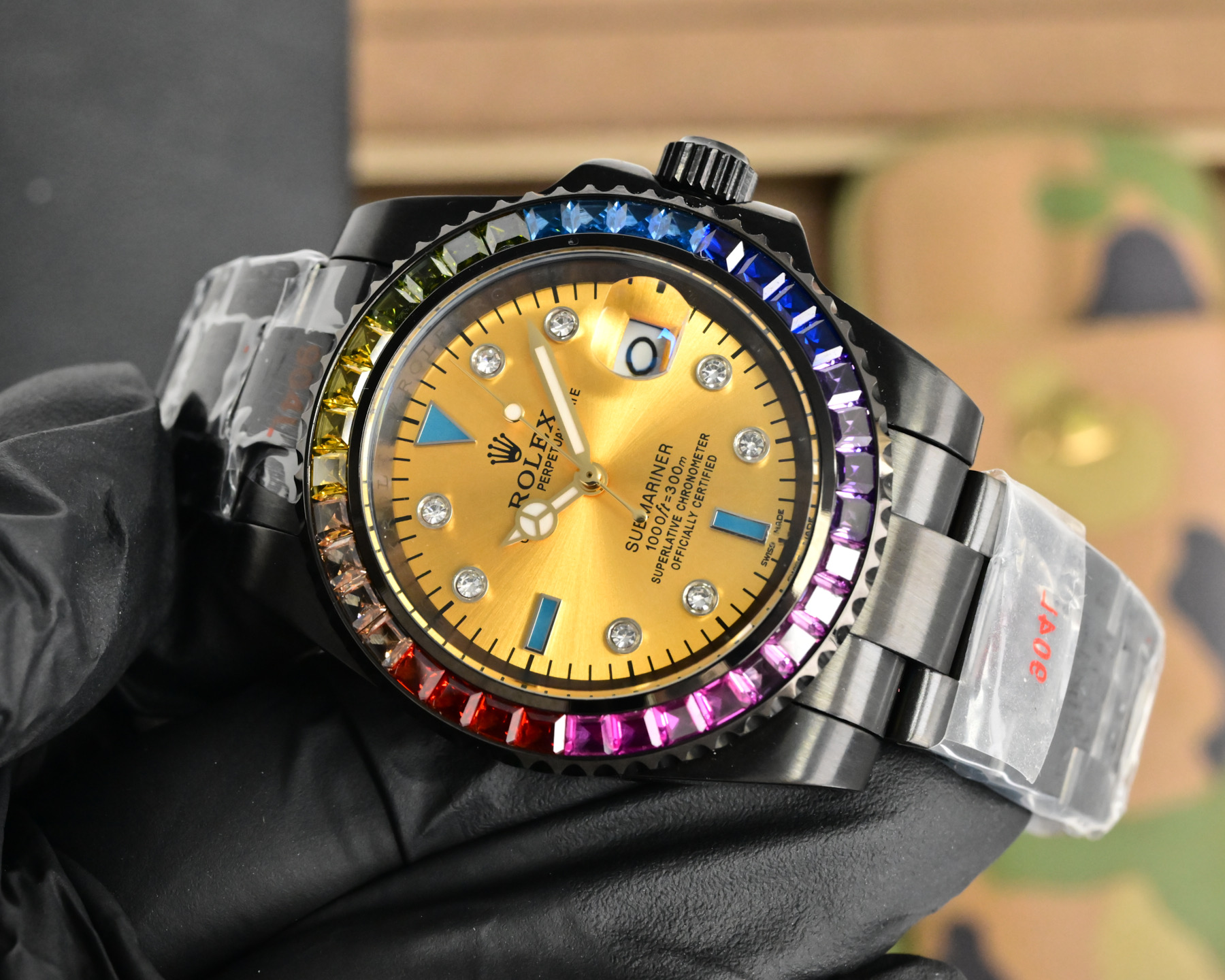 Rolex Submariner black case and strap, rainbow gemstone bezel, gold dial 40mm Men's Automatic