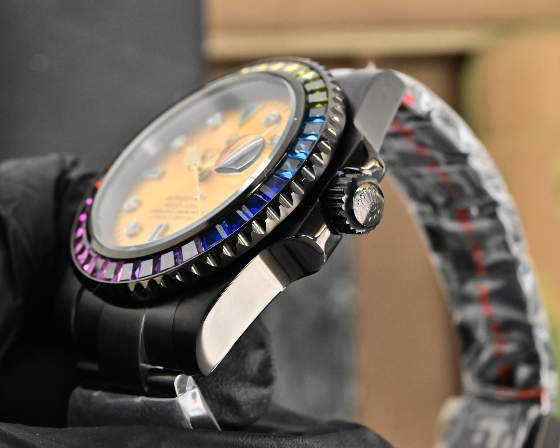 Rolex Submariner black case and strap, rainbow gemstone bezel, gold dial 40mm Men's Automatic
