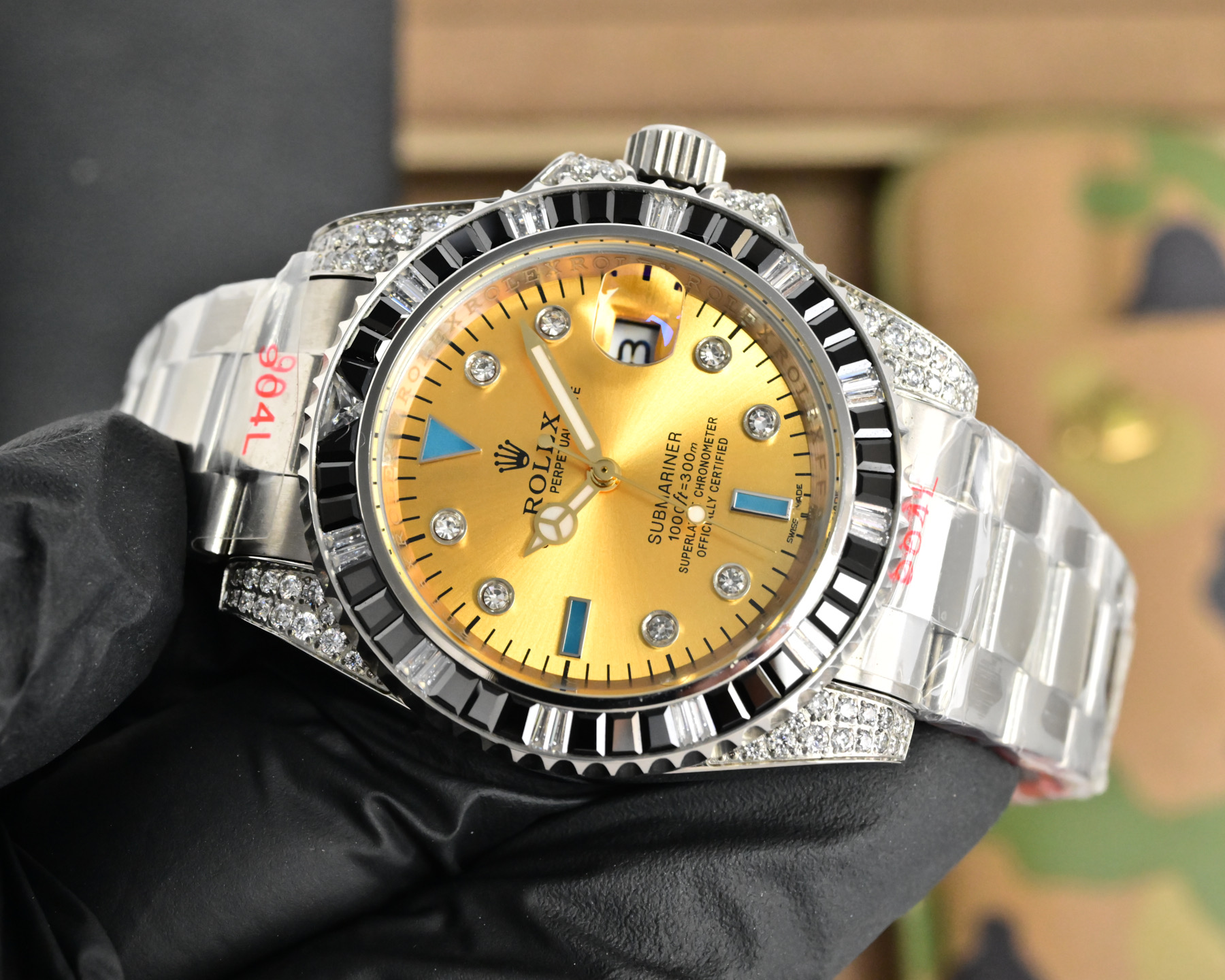 Rolex Submariner quadrante oro, lunetta nera, cassa argento, bracciale argento 40mm Automatico da uomo