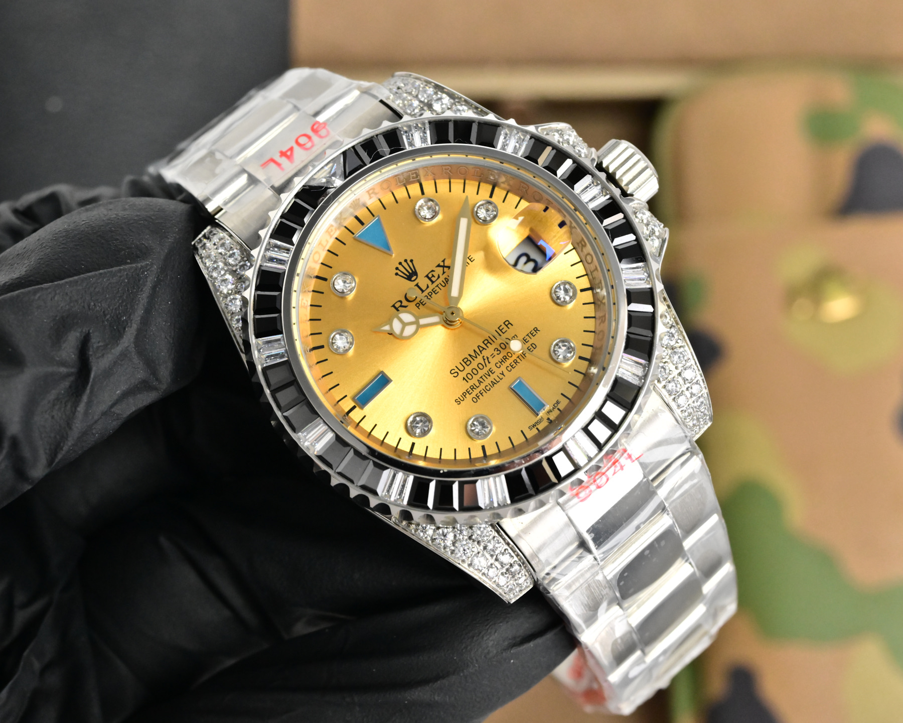 Rolex Submariner quadrante oro, lunetta nera, cassa argento, bracciale argento 40mm Automatico da uomo