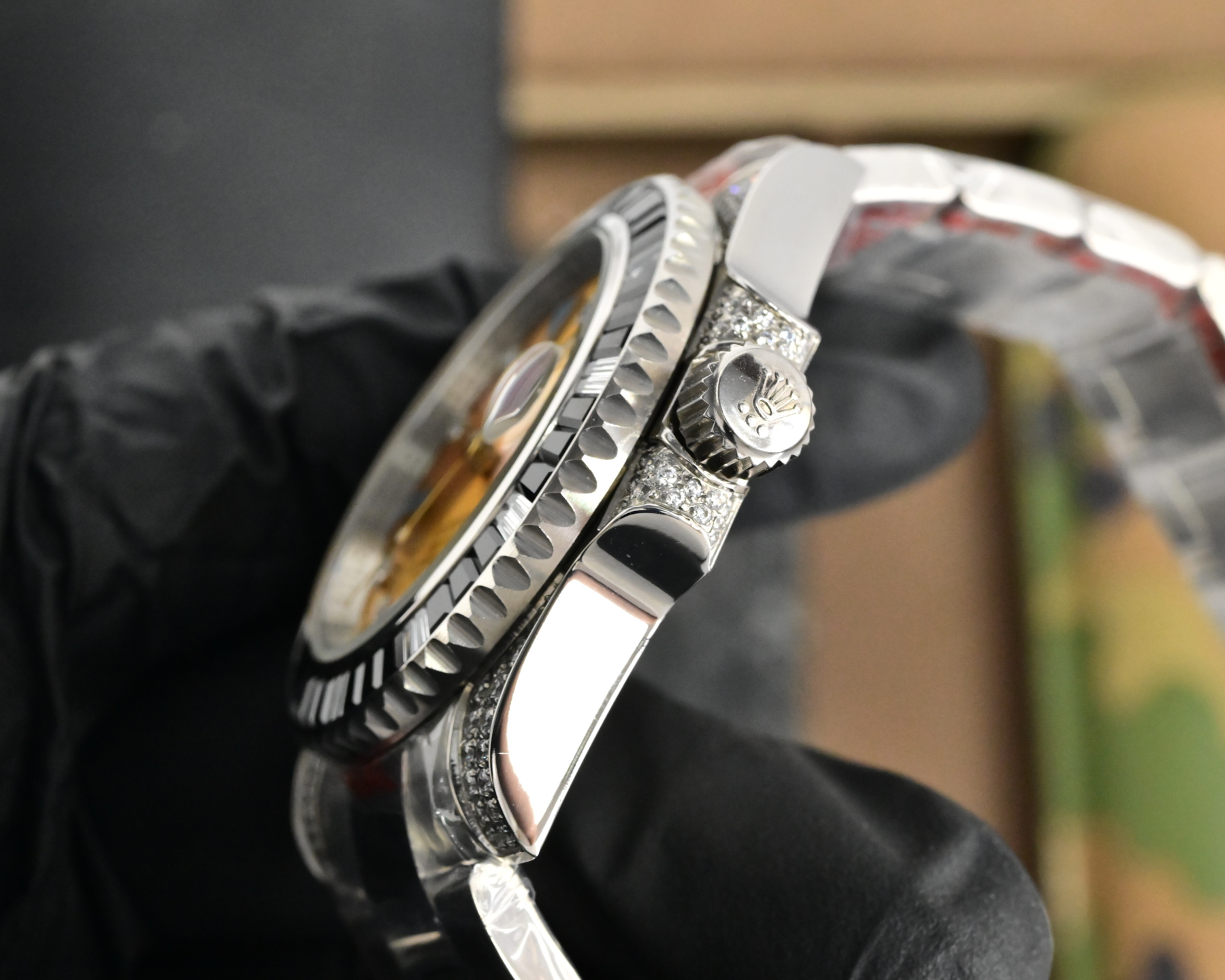 Rolex Submariner quadrante oro, lunetta nera, cassa argento, bracciale argento 40mm Automatico da uomo
