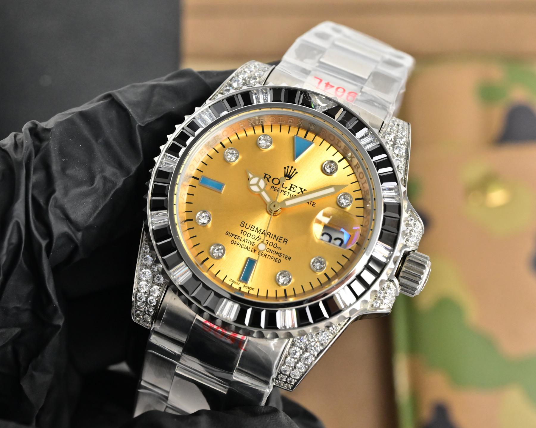 Rolex Submariner quadrante oro, lunetta nera, cassa argento, bracciale argento 40mm Automatico da uomo