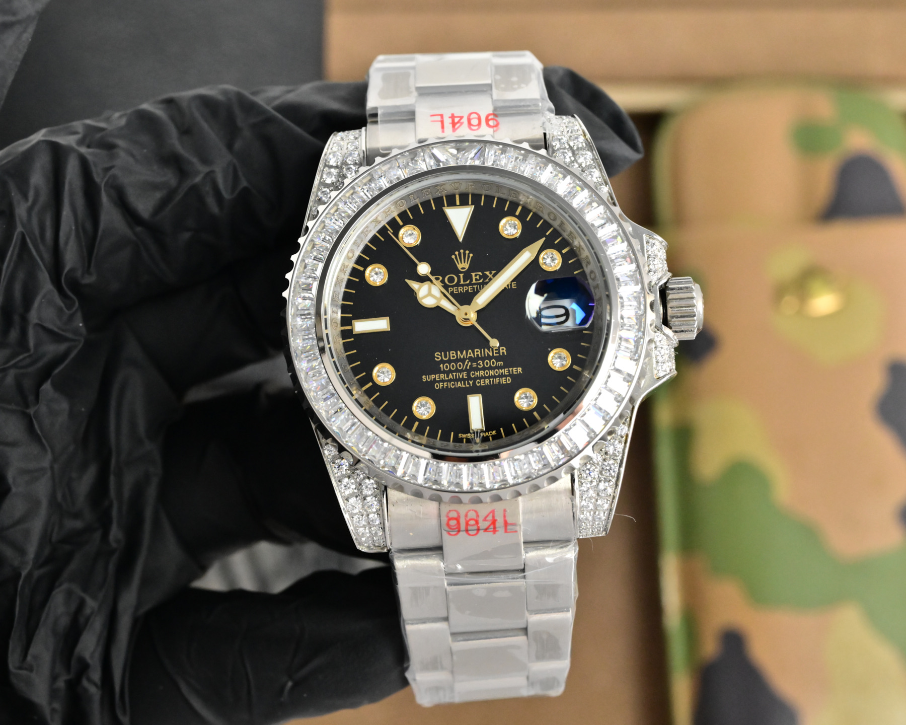 Rolex Submariner Date silver case and bracelet, diamond-set bezel, green dial 40mm Men's Automatic