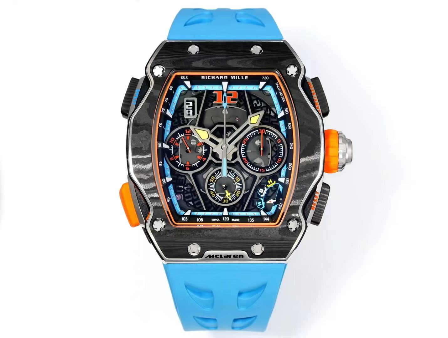 NO:947413,'New Watch' RICHARD MILLE launches RM 65-01 McLaren W1 self-winding chronograph McLaren W1 supercar inspired RICHARD MILLE launches the fourth piece designed in collaboration with British supercar manufacturer McLaren - 'RM 65-01 McLaren W1', inspired by McLaren's latest generation W1 supercar, and the bezel uses Carbon TT for the first time  Made of carbon fiber and grade 5 titanium alloy 2, and cleverly integrated with racing color elements such as orange, yellow, and blue, the style is eye-catching and full of speed. The barrel-shaped case design is inspired by the elegant lines of the McLaren W1 sports car, with a 'convex inside and concave outside' outline design, which is reflected on the watch as a concave 'double-layer' bezel. The upper layer of the double-layer structure bezel is Carbon TT  Carbon fiber, each watch case has a unique texture. The lower layer is made of polished grade 5 titanium, and the thinnest part is only 0.5mm. The chronograph function buttons are made of Carbon TT carbon fiber, and the titanium crown is covered with orange rubber to enhance the operating feel. The hollow titanium dial is W1  The supercar wheel hub pattern is the design inspiration, and the color embellishment is reminiscent of the supercar dashboard - the hour hand, minute hand and small seconds hand at 6 o'clock are decorated with yellow, the 30-minute counter and 12-hour counter are decorated with orange, and the chronograph seconds scale ring is decorated with blue. The vertical digital date window is located at 11 o'clock on the dial. It is equipped with an RMAC4 automatic winding movement with a power reserve of 60 hours. The bottom plate and bridge of this movement are made of grade 5 titanium alloy, and the timing accuracy reaches 1/10 second.  The rubber strap is available in two colors: black and orange, and the streamlined pattern is taken from the aerodynamic design of the W1 hood opening.19860909『新表』RICHARD MILLE 推出 RM 65-01 McLaren W1 自动上链计时码表迈凯伦 W1 超级跑车灵感 RICHARD MILLE 推出与英国超级跑车制造商 McLaren 合作设计的第4枚作品——「RM 65-01 McLaren W1」,灵感源自McLaren 最新一代 W1 超级跑车,表圈首次采用 Carbon TT 碳纤维与5级钛合金2两种材质,并巧妙融入橙、黄、蓝等赛车色彩元素,风格醒目而充满速度感. 桶形表壳设计灵感源于迈凯伦W1跑车的优雅线条,＂内凸外凹＂的轮廓设计,腕表上体现为凹面的＂双层＂表圈.双层式结构表圈的上层为 Carbon TT 碳纤维,每一枚表壳都有独一无二的纹理,下层为经过抛光的5级钛金属材质,最纤薄部分仅0.5mm.计时功能按钮采用 Carbon TT 碳纤维制作,钛金属表冠包覆橙色橡胶以提升操作手感. 镂空钛金属表盘以 W1 超级跑车轮毂图案为设计灵感,色彩点缀让人联想起超级跑车的仪表盘——时针、分针和6点的小秒针装饰黄色,30分钟计时盘、12小时计时盘装饰橙色,计时计秒刻度圈装饰蓝色.垂直数字日期窗位于表盘11点. 搭载 RMAC4 自动上链机芯,动力储备60小时.这枚机芯的底板及桥板均为5级钛合金材质,计时精确度达到1/10秒. 橡胶表带提供黑色和橙色2种配色,流线型纹路取自 W1 引擎盖开孔的空气动力学设计.,,Watch