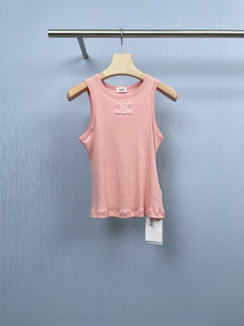 Celine Pink Triomphe Logo Embroidered Tank Top Slim Fit Knitwear 1 Celine Pink Triomphe Logo Embroidered Tank Top Slim Fit Knitwear