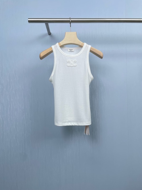 Celine White Triomphe Logo Embroidered Ribbed Knit Tank Top 1 Celine White Triomphe Logo Embroidered Ribbed Knit Tank Top
