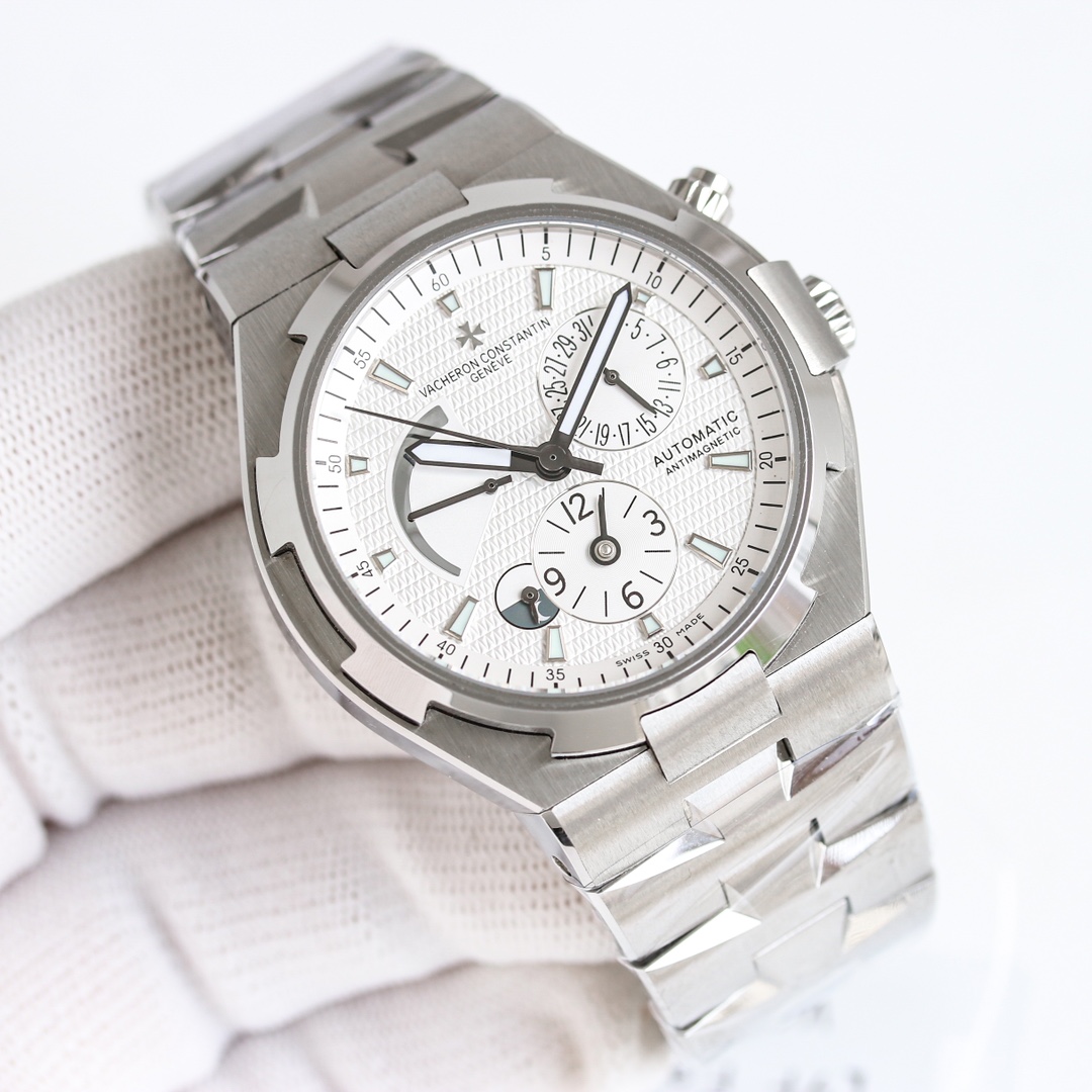 NO:725846,[9F Factory Plaid White] Vacheron Constantin VC Across the World (47450) multifunctional men's automatic mechanical watch!  MIYOTA movement-modified all-in-one machine has 28,800 vibrations per hour and a power reserve of 40 hours!  The watch diameter is 42 mm, the case thickness is 12 mm, the bottom cover design is dense, and the waterproof depth is meters!  316 stainless steel, sapphire glass, optional strap, tape, steel strap, folding buckle!  [Introduction to the function layout of the dial] The kinetic energy storage function display at 10 o'clock, the calendar function display at 2 o'clock, the second time zone function display at 6 o'clock, and the 24-hour day and night function display at 7-8 o'clock!  ,,vacheron19860909【9F Factory 格子纹白】 江诗丹顿VC纵横四海(47450)多功能男士自动机械腕表！ MIYOTA机心改一体机28800每小时震荡次数,动力储存40小时！表经42毫米,表壳厚度12,密底底盖设计,防水深度米！316精钢,蓝宝石玻璃,表带可选皮带、胶带、钢带,表扣折叠扣！【表盘功能布置介绍】10点位的动能储存功能显示, 2点位的日历功能显示,6点位第二时区功能显示,7-8点位24小时昼夜功能显示！,,vacheron,Watch