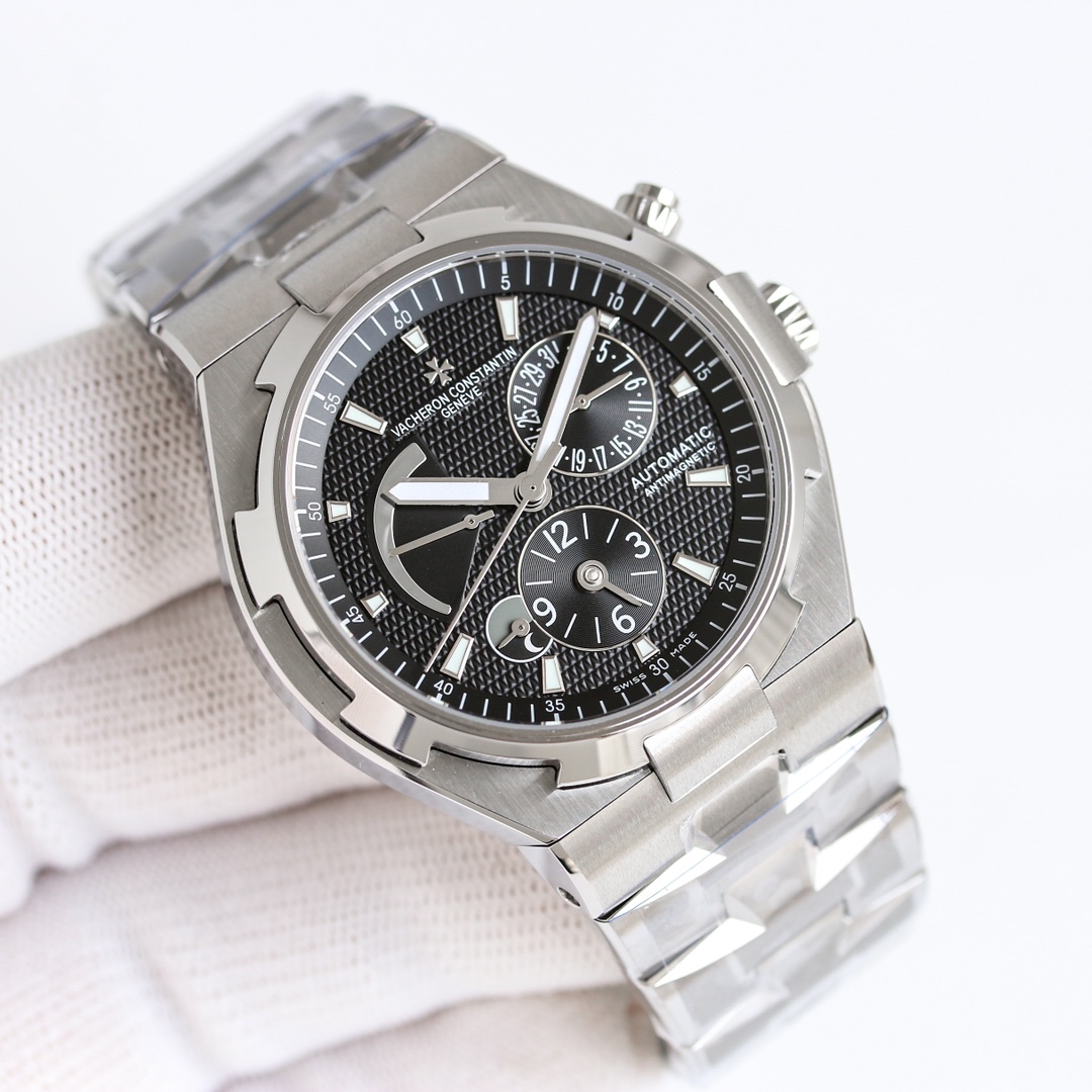 NO:725859,[9F Factory Plaid Black] Vacheron Constantin VC Across the World (47450) multifunctional men's automatic mechanical watch!  MIYOTA movement-modified all-in-one machine has 28,800 vibrations per hour and a power reserve of 40 hours!  The watch diameter is 42 mm, the case thickness is 12 mm, the bottom cover design is dense, and the waterproof depth is meters!  316 stainless steel, sapphire glass, optional strap, tape, steel strap, folding buckle!  [Introduction to the function layout of the dial] The kinetic energy storage function display at 10 o'clock, the calendar function display at 2 o'clock, the second time zone function display at 6 o'clock, and the 24-hour day and night function display at 7-8 o'clock!  ,,vacheron19860909【9F Factory 格子纹黑】 江诗丹顿VC纵横四海(47450)多功能男士自动机械腕表！ MIYOTA机心改一体机28800每小时震荡次数,动力储存40小时！表经42毫米,表壳厚度12,密底底盖设计,防水深度米！316精钢,蓝宝石玻璃,表带可选皮带、胶带、钢带,表扣折叠扣！【表盘功能布置介绍】10点位的动能储存功能显示, 2点位的日历功能显示,6点位第二时区功能显示,7-8点位24小时昼夜功能显示！,,vacheron,Watch