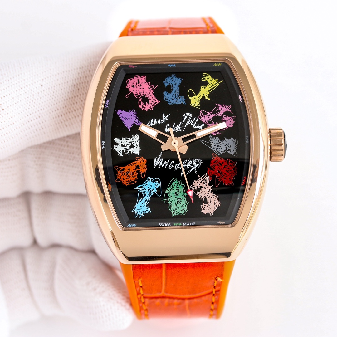 Franck Muller V45 Vanguard Rose Gold with Graffiti Dial Orange Leather Strap 2 i1743929743 9852 0