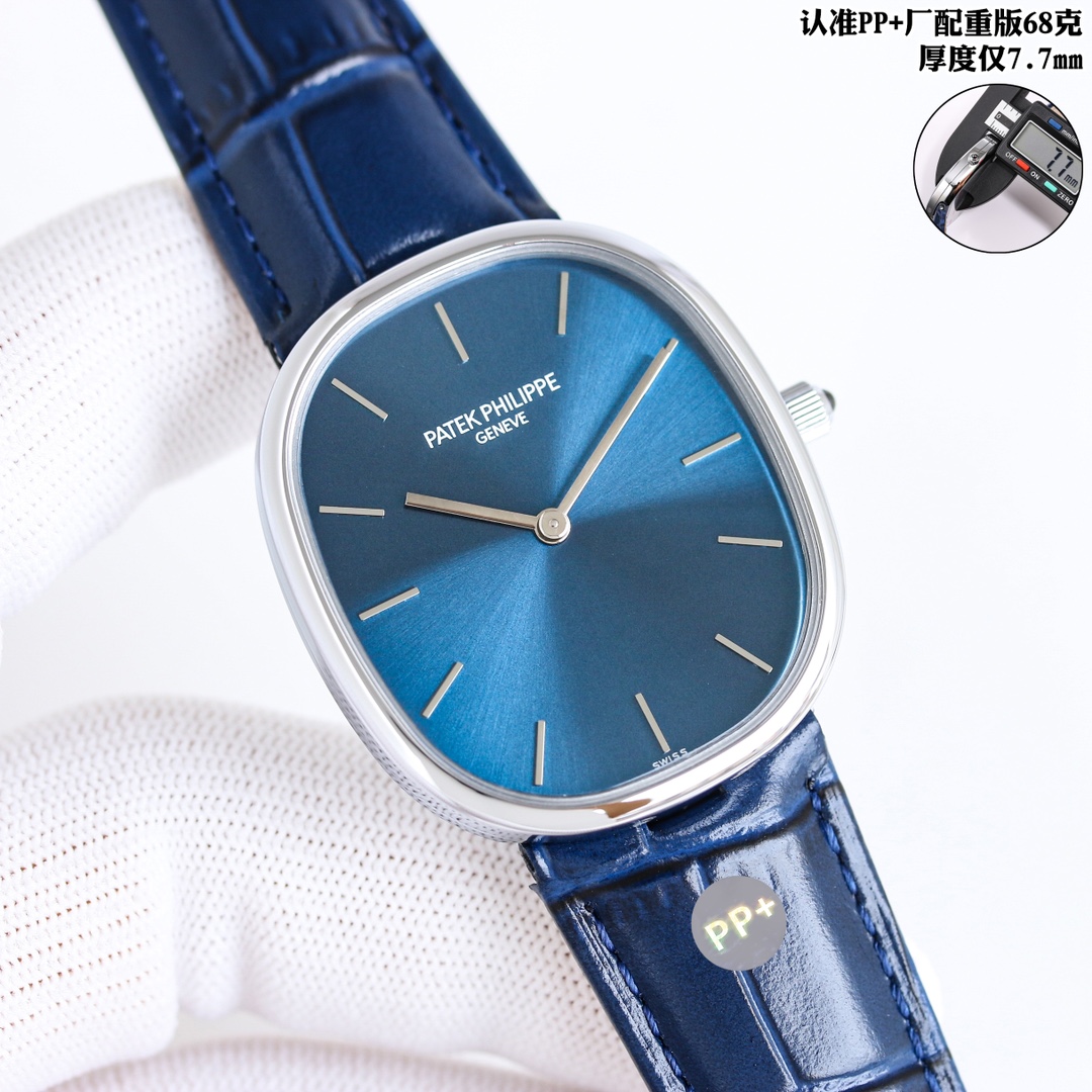 NO:727205,PP Factory 68g weighted version GOLDEN ELLIPSE series 1Reshape the most classic classical charm with the golden ratio 1:1.6181 Size 34.5X39.5, thickness 7.7 2316L The unique oval case is between round and rectangular 3With various cloud fritillary 3D three-dimensional relief printing, it shines with a mysterious deep glossy dial, not the existing dull version on the market  4 pairs of 21X16 imported calf leather with an oval clasp echo the case. 5 movements make the watch more accurate and stable. PP provides you with a real wearing experience that is closest to the original version, rather than just buying a watch that can only be seen from a distance but not in detail,,cowhide,gold19860909PP Factory68克配重版 GOLDEN ELLIPSE 系列 1重塑最为经典古典韵味黄金分割比例1:1.6181 尺寸34.5X39.5,厚度7.7 2316L别致的椭圆表壳介于圆形和矩形之间 3搭配各式云贝母3D立体浮雕打印闪烁着神秘深邃光泽表盘,非市面现有暗淡无光版本 4对版21X16进口小牛皮搭配椭圆形表扣与表壳遥相呼应 5机芯赋予手表更为精准稳定走时 PP为您提供最接近原版的真实佩戴感受,而非只是购买一个只能远观而不能细看的腕表,,cowhide,gold,Watch