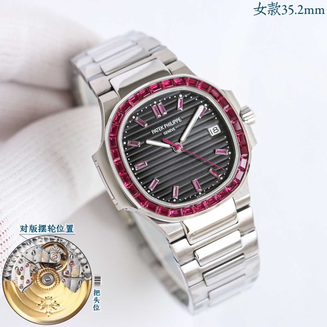 NO:602202,Uni-President 1800 Dream Love Watch Patek Philippe Hidden Women's Watch Nautilus GR Factory2025 Latest Masterpiece Patek Nautilus Series High-Value Women's Watches, Ceiling Style, All Eight King Kongs [2025 Super God's Top Version] Patek Philippe Sporty Elegant Nautilus Women's Watch P is coming!  Welcome to compare the details 1. Equipped with a customized version of 9015 machine-modified Cal.324sc automatic movement, with non-stop time adjustment, 45 hours of kinetic energy storage, and a vibration frequency of 28800 per hour. 2316L customized ergonomic strap!  3Watch size 35.2MM 4Inlaid with ruby, sapphire, emerald, white T-square gems of different colors 5Double-sided anti-glare sapphire crystal glass. 6The color of the letters is consistent with the original. 'No one can own a Patek Philippe, it is just kept for the next generation.' Elegant and majestic, it perfectly interprets the fashion taste of working women, while being elegant and yet powerful and domineering. Factory2025's ingenious masterpiece welcomes watch friends to review, patek  philippe19860909统一1800 梦中情表百达翡丽隐藏款女表鹦鹉螺GR Factory2025最新力作 百达鹦鹉螺系列高颜值女表,天花板款式,八大金刚全齐【2025超神之作 顶级版本】百达.翡丽运动优雅鹦鹉螺女款腕表P强势来袭！欢迎对比细节 1搭配定制版9015机改Cal.324sc自动机芯,及调时不停秒,动能储存45小时,振频28800每小时. 2316L定制级人体工程学表带！ 3腕表尺寸35.2MM 4镶嵌红宝石,蓝宝石,祖母绿,白T方砖不同色彩的宝石 5表镜双面防眩目蓝宝石水晶玻璃. 6字面色泽均与正品一致. “没人能拥有百达翡丽,只不过为下一代保管而已.” 优雅大气 完美演绎职场女性的时尚品味,在优雅之余又不失强悍霸气.Factory2025匠心力作 欢迎表友品鉴,,patek philippe,Watch