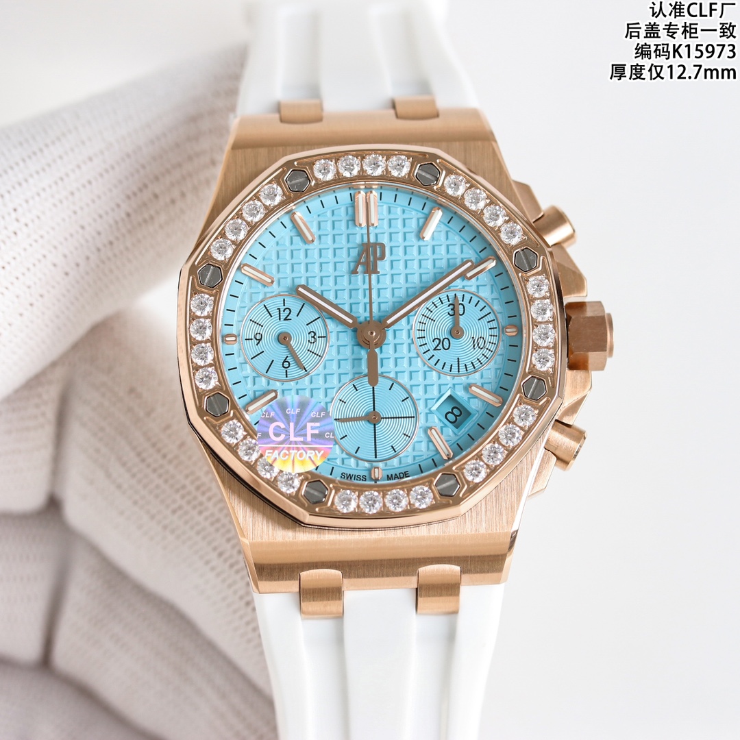 NO:602209,CLF Ast uses high-quality fluoroelastomer strap!  CLF devoted himself to the masterpiece and came from behind!  White 1600, rose 1650 Audemars Piguet Royal Oak Offshore ST series Audemars Piguet women's watch ceiling masterpiece!  Women's 37mm model is the same as that of celebrity Wang Ziwen!  The most popular women’s watch on the Internet!  At present, the highest version of the Royal Oak Offshore series quartz chronograph watch is a true one-to-one replica of the original version. All dials are carefully crafted and developed based on the original authentic dial templates. Imitations of the wrong versions are sold in the market. Everyone is welcome to identify them. At present, it is difficult to find an authentic watch in one of the most popular markets for women's models at home and abroad, and the second-hand market price has risen to 5  The 0W range is quite a value-preserving and value-added model. You can make money if you can buy it. Each model is literally an original genuine substitute. It took a lot of time from development to color. In order to ensure that everyone can buy the most cost-effective watch for the least money, we carefully made the case material imported 316 stainless steel, ultra-high-precision polishing and brushing technology, and detail processing!  The dead ends are hand-drawn, and the hardware accessories at each position are polished to keep the original consistency. The technical breakthrough has been achieved to ensure that the shells are interchangeable with genuine products. The bezel is high-gloss polished and original artificial inlay techniques to ensure that the 32 brilliant-cut diamonds are of the same size and neatly arranged. Each dial is an original substitute dial, which cannot be compared with the high imitations on the market. The original molded nails and hands are most cherished because the dial is integrated to truly restore the original effect. It is divided into two layers and has no luster!  Quick release integrated grade A clasp!  It is truly the original 12.7mm thickness, and is very harmonious and excellent in all aspects. Look for the 12.7mm produced by our CLF factory. The movement of the case head and the details of the strap are all genuine!  ,,audemars19860909CLF Ast采用高品质氟橡胶表带 ！ CLF潜心巨作,后来居上！白1600,玫1650 爱彼皇家橡树离岸型st系列 爱彼女表天花板之作！ 女款37mm明星王子文同款！全网最火女表！ 目前最高版本皇家橡树离岸系列石英计时腕表、真正一比一原版复刻,所有表盘都以原装正品表盘模版精心打造开发出来,秒杀市场不对版高仿,欢迎大家来鉴别.目前在国内外女款热门之一市场正品一表难求,二手市场价格已经上升到50W幅度相当保值增值款,能买到就赚到.每一款字面都是原装正品代用级别,从开发面对颜色整整花了很多时间,为了保证大家花最少的钱就能买最划算的表款,我们精心在表壳材质属进口316精钢,超高精细打磨拉丝工艺,细节处理！死角位进行手工拉丝,各个位置五金配件打磨保持原装一致,打造技术性攻破已做到壳可正品互换. 圈口采用高光抛光加原装人工镶嵌手法,保证32颗明亮切割美钻大小一致,排列整齐 每一款字面都是原装代用级表盘,非市场上高仿所能比拟,原装开模字钉和指针最值得珍惜是表盘一体成型真正还原正品效果,非市场分二层,没光泽！快拆一体式A级表扣！ 真真正正做到原装12.7mm厚度,各方面非常谐调优秀,认准我们CLF厂出品的12.7mm, 表壳头粒活动,表带细节,都是参足正品！,,audemars,Watch
