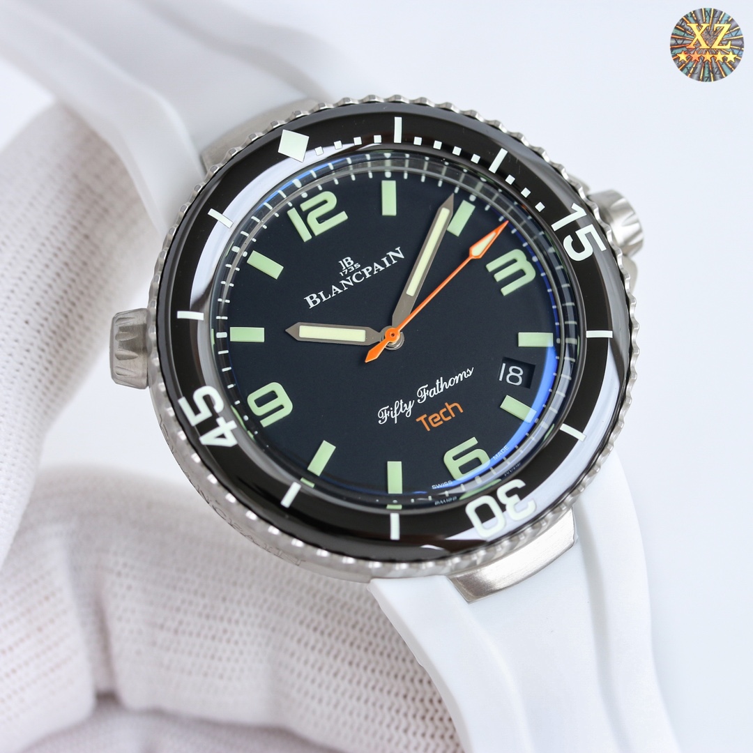 NO:821595,Produced by TW Factory Blancpain Fifty Fathoms NS2 Model 5029 12B30 94A Movement type Automatic winding Movement model 1315A Vibration frequency 28800 oscillations per hour Table diameter 45 mm Dial color Black Dial shape Round Strap color Black (orange and white rubber strap) Buckle type Pin buckle Table bottom Translucent Waterproof performance meters Hour markers type  Stick hour markers, Arabic numerals. The best luxury gift recommendation, please look for TW’s exclusive quality.19860909TW 出品 TW Factory 宝珀五十噚系列NS2 型号 5029 12B30 94A 机芯类型 自动上链 机芯型号 1315A 振频 28800每小时振荡次数 表径 45毫米 表盘颜色 黑色 表盘形状 圆形 表带颜色 黑色(橙色和白色橡胶表带) 表扣类型 针扣 表底 背透 防水性能 米 时标类型 棒状时标,阿拉伯数字 送礼最佳奢华推荐请认准TW独家品质,,Watch