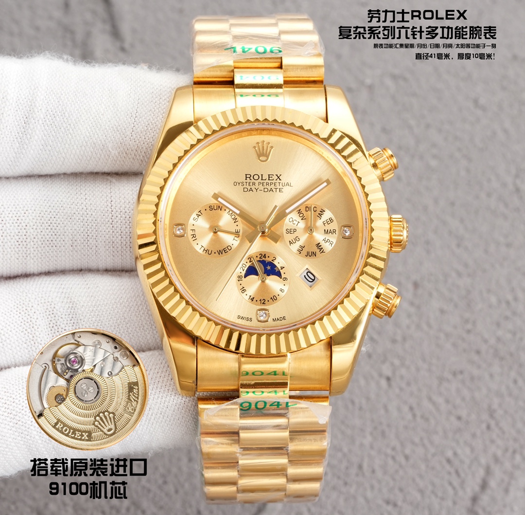 NO:820709,, gold new product launched Rolex / multi-functional complex series six-pin men's watch, 1 equipped with original imported day and month moon phase kinetic energy function movement mechanical watch!  2. The dial uses the classic exclusive inner shadow luminous Roman as the scale, which further shows the luxurious temperament of this watch. 3. The strap is made of imported 904 steel strap watch!  4. The watch mirror adopts double sapphire mirror!  5 see-through bottom cover!  6 diameter 41mm/10mm!  The watch function brings together the functions of day/month/date/moon/sun in one multifunctional watch.,,rolex19860909,金 新品 上市 劳力士/多功能复杂系列六针男表 , 1搭载原装进口星期月份月相动能功能机芯机械表！ 2表盘上采用经典独家内影夜光罗马 作为刻度更显示出这款腕表的华贵气质 3表带采用进口904钢带腕表！ 4表镜采用双卜蓝宝石镜面！ 5透视底盖！ 6直径41mm/10mm！ 腕表功能汇集星期/月份/日期/月亮/太阳等功能于一身多功能腕表.,,rolex,Watch