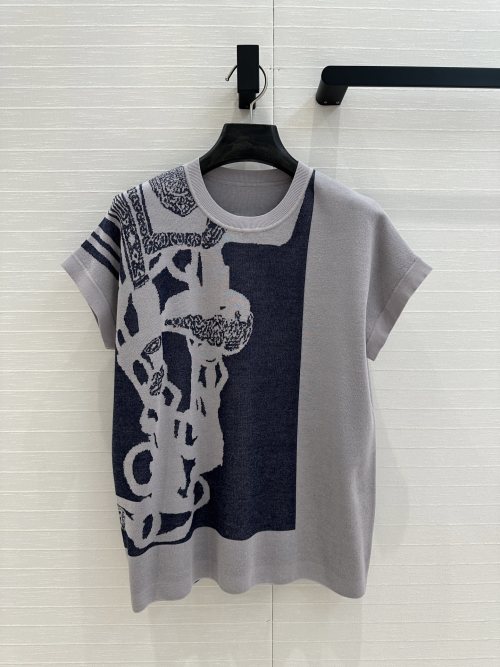 Luxury Women's Knitted Short Sleeve Top with Bridle Print - Soft Cotton 1 Luxury Women's Knitted Short Sleeve Top with Bridle Print - Soft Cotton