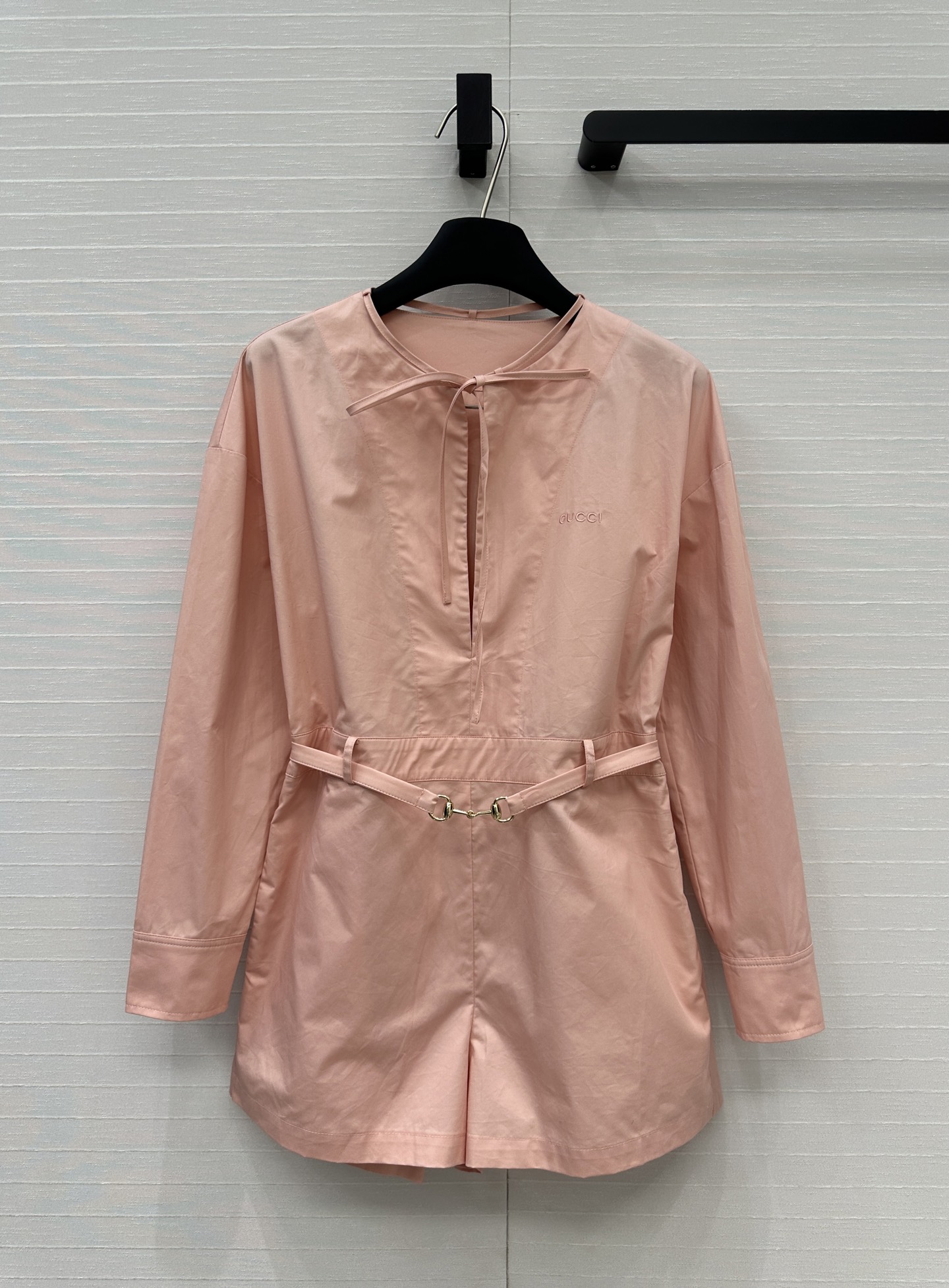 Gucci Peach Pink Romper Shirt Dress with Belt, Elegant Sweet Style