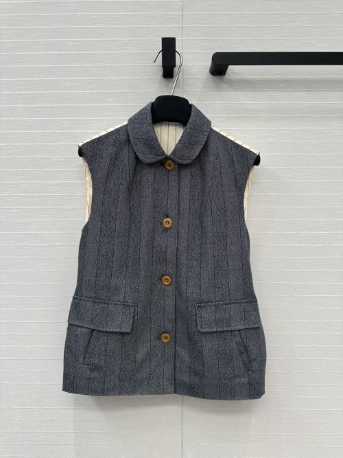 Striped Wool Blend Vest with Peter Pan Collar and Flap Pockets 1 Striped Wool Blend Vest with Peter Pan Collar and Flap Pockets