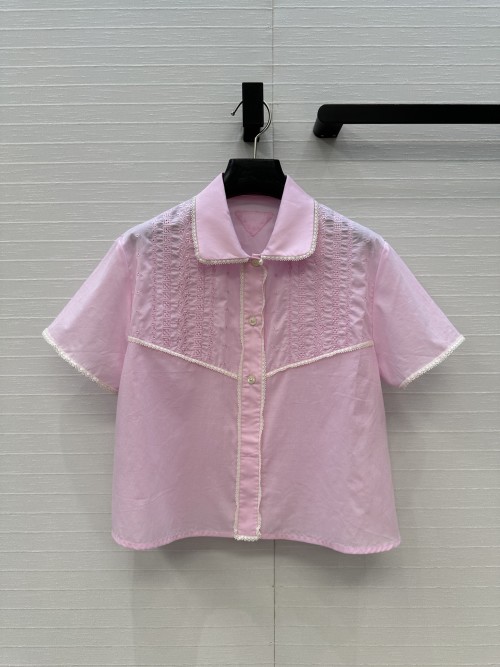 Prada Lace-Trimmed Cotton Shirt, Short Sleeve Embroidered Blouse Top 1 Prada Lace-Trimmed Cotton Shirt, Short Sleeve Embroidered Blouse Top