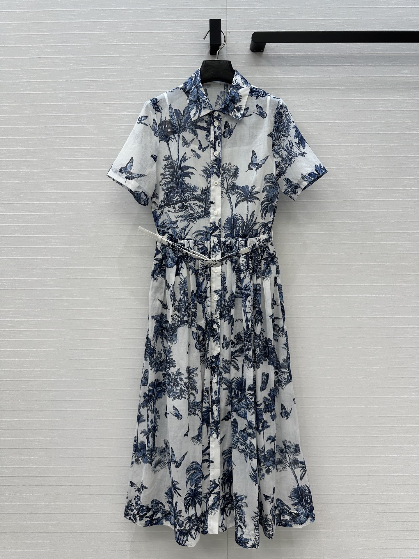 Dior Butterfly & Palm Print Silk Cotton Midi Dress with Belt