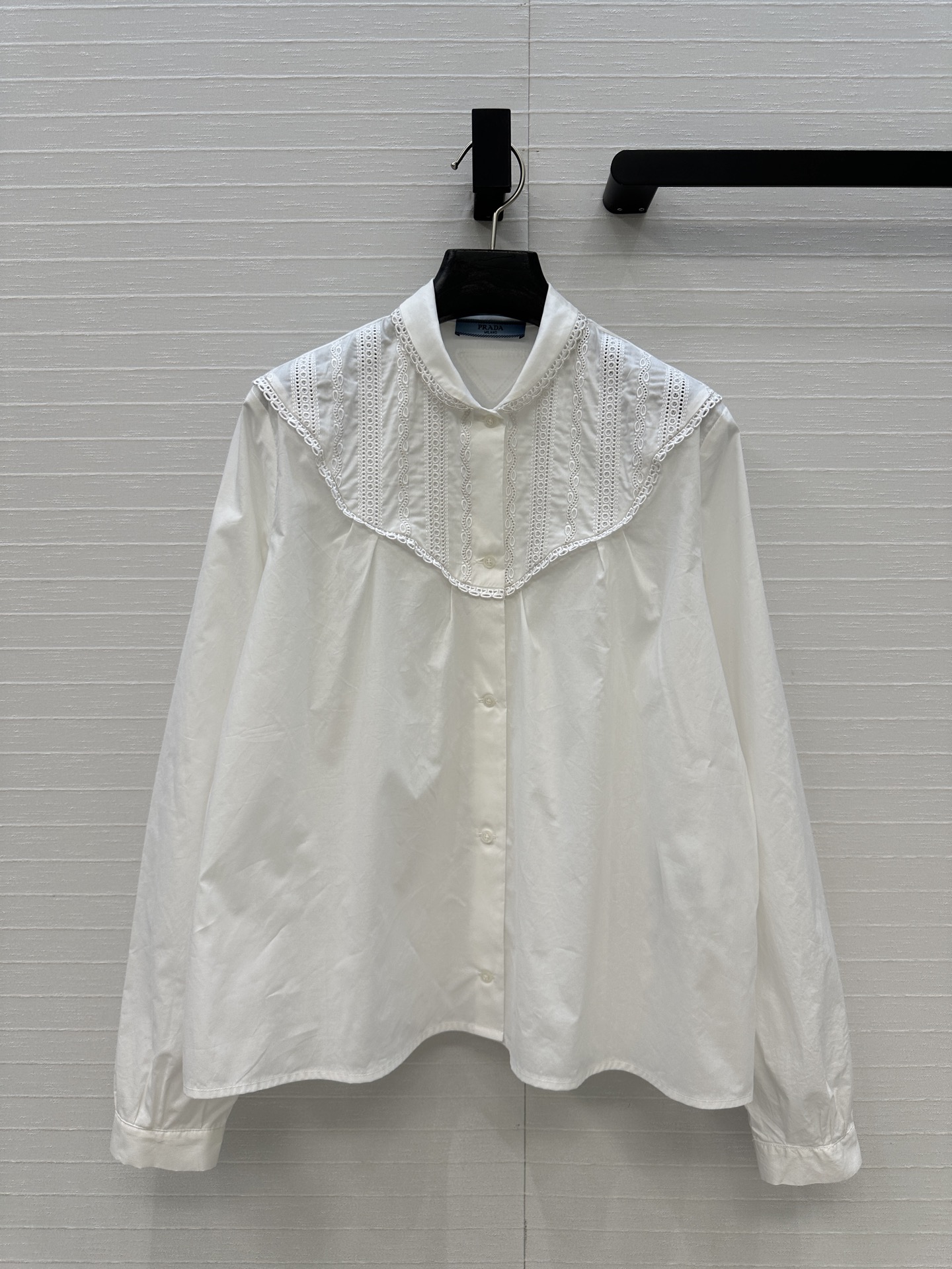 Prada White Embroidered Blouse, Elegant Floral Lace, Silk-Cotton Blend, S-L
