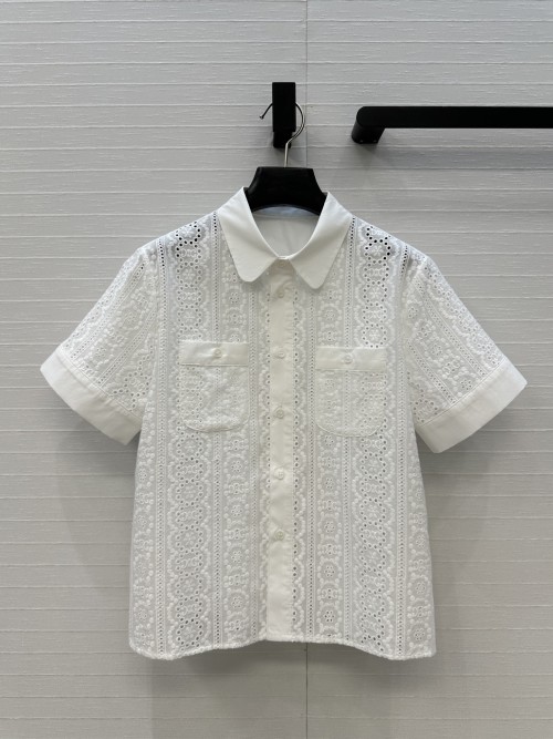 Elegant White Lace Short Sleeve Shirt with Embroidered Details, Summer Essential 1 Elegant White Lace Short Sleeve Shirt with Embroidered Details, Summer Essential