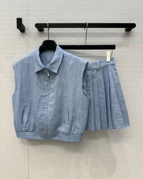 Miu Miu Inspired Linen Vest and Pleated Skirt Set - Sweet & Chic Outfit 1 Miu Miu Inspired Linen Vest and Pleated Skirt Set - Sweet & Chic Outfit