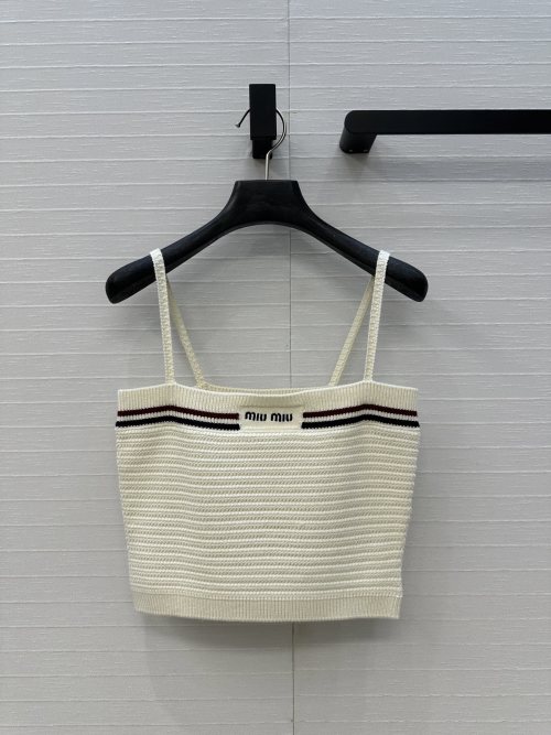 Miu Miu Sleeveless Knit Top, Striped Trim, Embroidery Logo, Slim Fit 1 Miu Miu Sleeveless Knit Top, Striped Trim, Embroidery Logo, Slim Fit