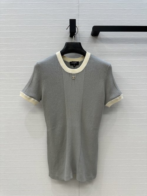 Chanel Women's Contrast Trim Ribbed Knit Top, Elegant & Comfortable 1 Chanel Women's Contrast Trim Ribbed Knit Top, Elegant & Comfortable
