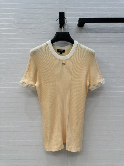 Chanel Women's Ribbed Knit Top - Short Sleeve, Contrast Trim, Metal Logo 1 Chanel Women's Ribbed Knit Top - Short Sleeve, Contrast Trim, Metal Logo