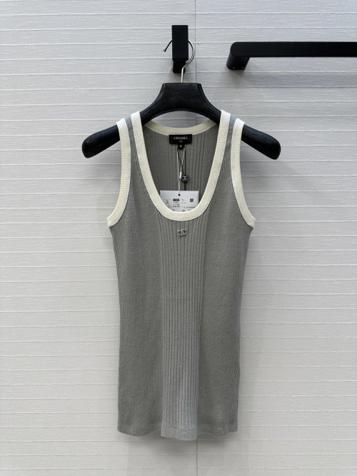 Chanel Contrast Trim Ribbed Knit Tank Top, Slim Fit, Sleeveless, U-Neck 1 Chanel Contrast Trim Ribbed Knit Tank Top, Slim Fit, Sleeveless, U-Neck
