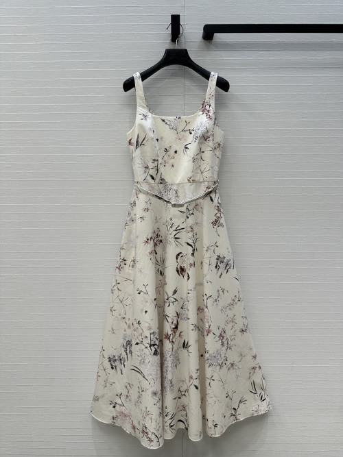 Dior Floral Print Cotton Sundress, Elegant A-Line Midi Dress With Belt 1 Dior Floral Print Cotton Sundress, Elegant A-Line Midi Dress With Belt