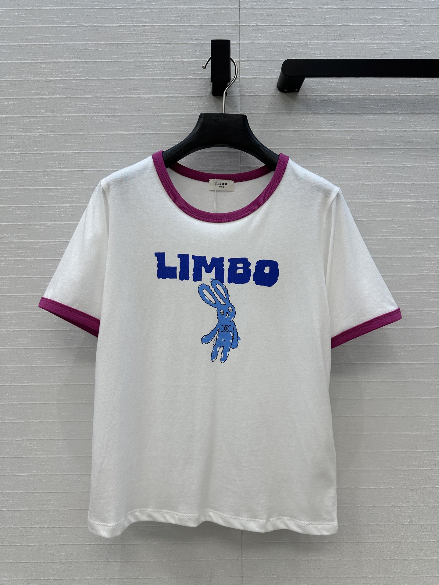 Celine White Cotton T-Shirt with Blue 'Limbo' Bunny Print and Ringer Trim