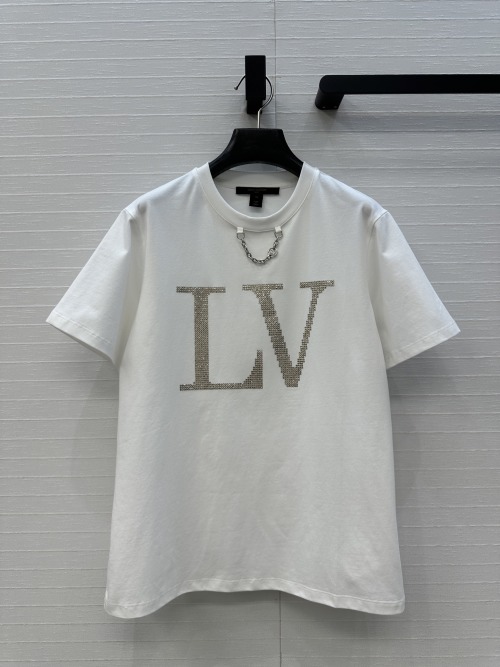 Louis Vuitton Women's White Cotton T-Shirt with Rhinestone Logo and Chain 1 Louis Vuitton Women's White Cotton T-Shirt with Rhinestone Logo and Chain