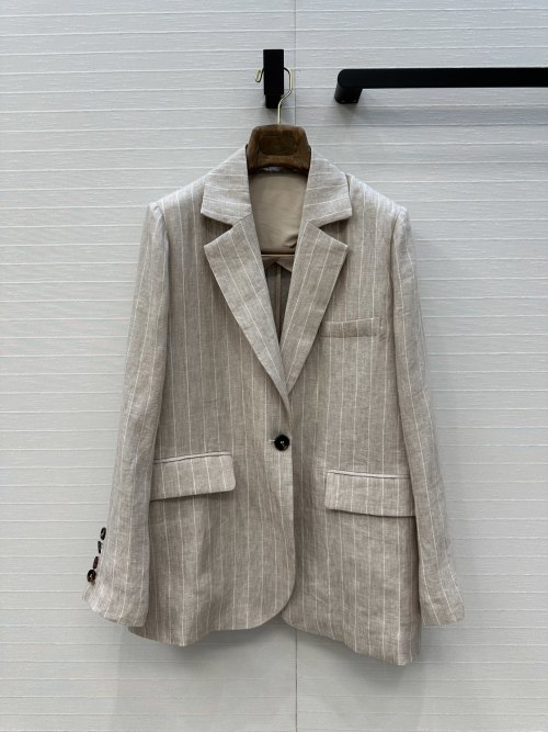 Women's Oat Stripe Linen Blazer - Minimalist Casual Style with Shoulder Pads 1 Women's Oat Stripe Linen Blazer - Minimalist Casual Style with Shoulder Pads